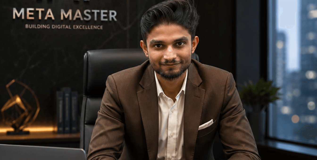 Aman Chanchal in his office, Meta Master branding on the wall behind him