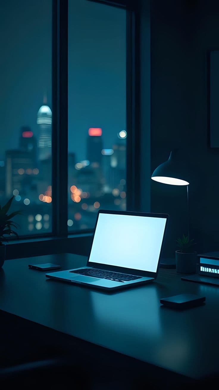 Laptop open on a desk at dusk